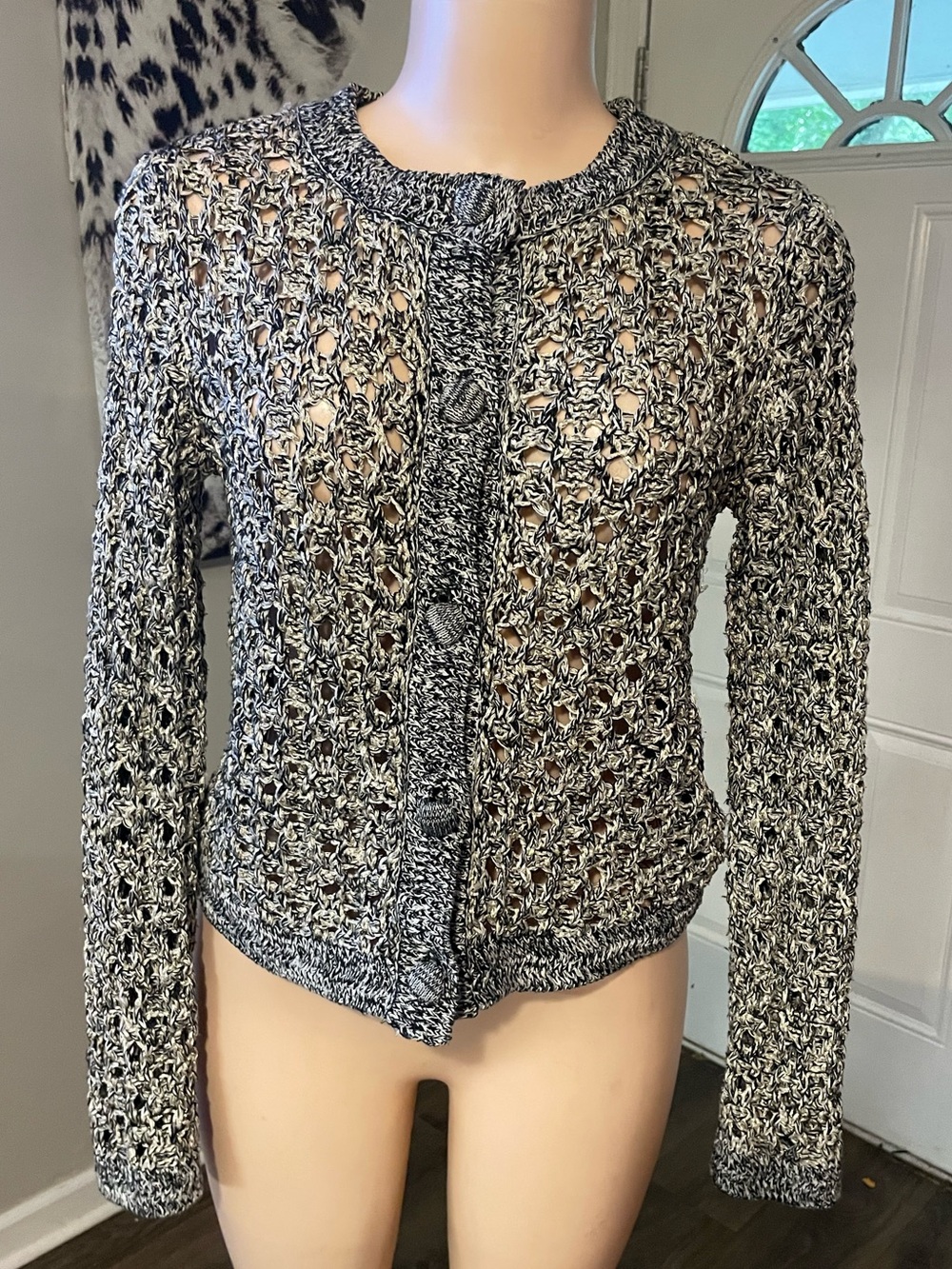 Zara Open Knit Button-Up Cardigan metallic threads woman’s small sweater